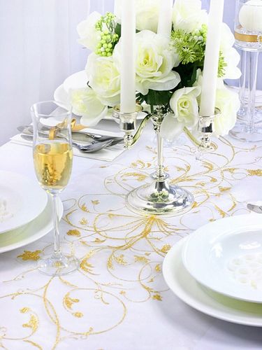 Organza Bieżnik Kremowa Złoty Wzór Dekoracja Stołu Komunia Chrzest Wesele na Arena.pl