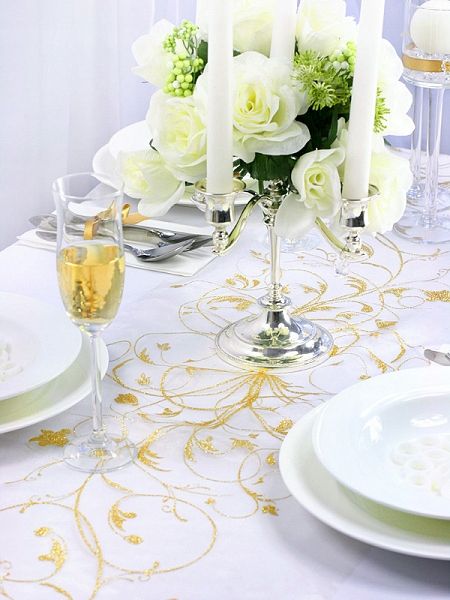 Organza Bieżnik Kremowa Złoty Wzór Dekoracja Stołu Komunia Chrzest Wesele zdjęcie 3