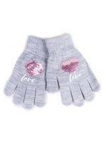 Rękawiczki dziewczęce pięciopalczaste z cekinami Love szare 12 YOCLUB