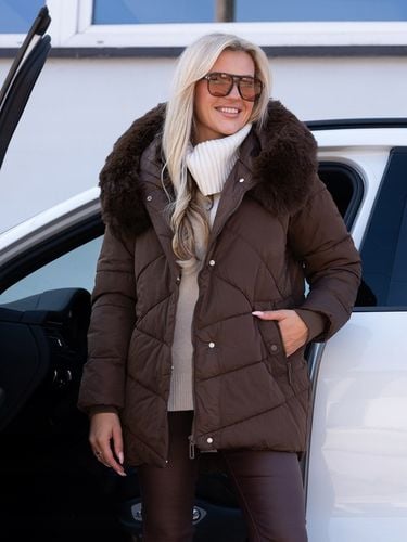 LEXI Klasyczna Luźna KURTKA Damska Pikowana Kaptur Z Futerkiem na Arena.pl