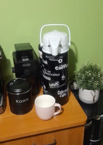 Termos konferencyjny z pompką wkład szklany obudowa stal nierdzewna 1,9 l wz. 1  napisy Coffee Espresso Latte Macchiato czarny na Arena.pl