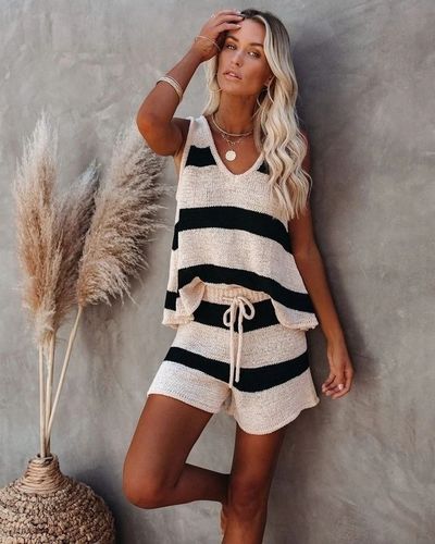 Letni Komplet Dzianinowy W Paski Wzorzyste / L na Arena.pl