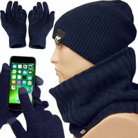 Zimowy KOMPLET Męski CZAPKA + KOMIN + RĘKAWICZKI DO TELEFONU CIEPŁY granat