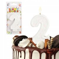 ŚWIECZKA URODZINOWA LICZBA DWA BIAŁA BROKATOWA NA TORT CYFRA DWÓJKA