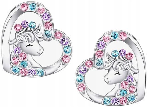 Srebrne kolczyki jednorożce serce stal chirurgiczna szlachetna 316L na Arena.pl