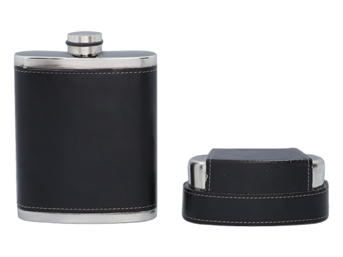 Elegancka Czarna Piersiówka Obszyta Skórą w Zestawie z Kieliszkami w Etui na Arena.pl