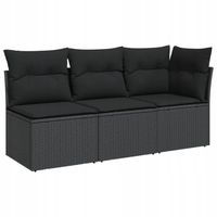 vidaXL Sofa ogrodowa z poduszkami, 3-osobowa, czarna, polirattan