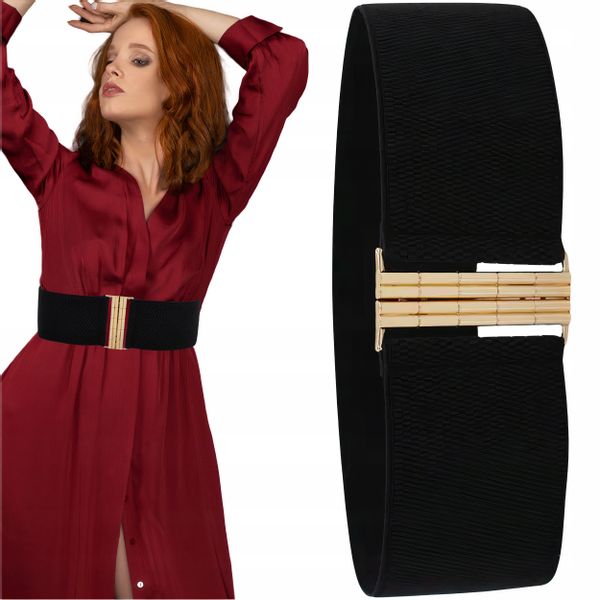 Pasek Damski Elastyczny Czarny Szeroki Sukienki Guma Talia Prosty zdjęcie 3