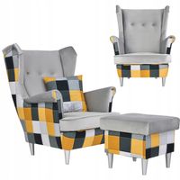 Fotel uszak Ari Print Duo z podnóżkiem, skandynawski Family Meble pufa