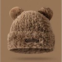 czapka zimowa pluszowa z uszami misia, z naszywką, brązowa cz32wz1