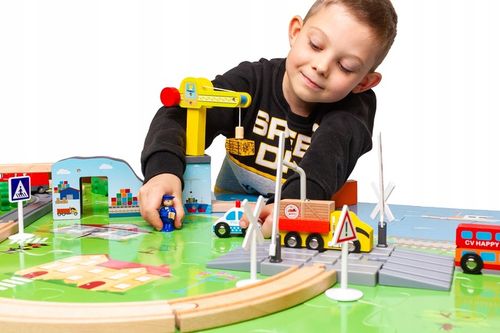 OGROMNA DREWNIANA KOLEJKA ELEKTRYCZNA 2x POCIĄG na baterie TOR MIASTO DŹWIG na Arena.pl