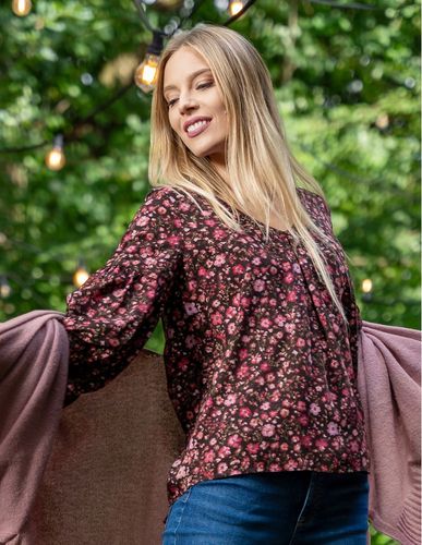 Koszula Damska Bluzka z Bufiastymi Rękawami w Kwiatki BORDOWY MORAJ - M na Arena.pl