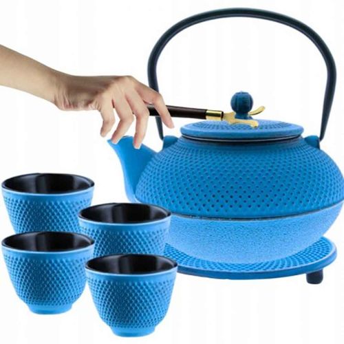 zaparzacz żeliwny dzbanek niebieski 900ml z filtrem i filiżankami prezent na Arena.pl