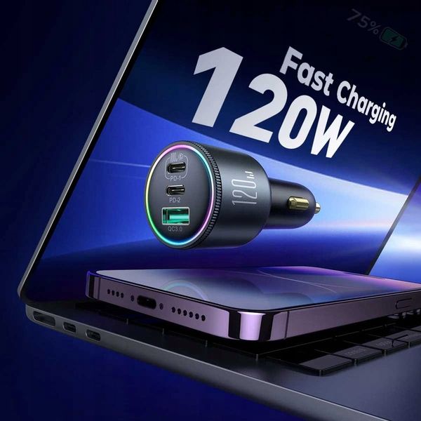 JOYROOM ŁADOWARKA SAMOCHODOWA 120W 2xUSB-C USB-A + KABEL USB-C 100W QC PD zdjęcie 2