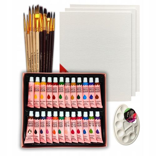 Farby Akrylowe Zestaw Farb Akrylowych 24x12ml Płótna Pędzle 10 szt Paleta na Arena.pl