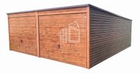 GARAŻ BLASZANY 6m x 5,8m poziom - spad tył - 2x Brama uchylna + drzwi - jasny orzech - drewnopodobny 6x5,8
