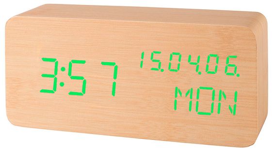 XONIX GHY-018 Drewniany budzik na baterie, datownik, termometr, sterowanie głosowe