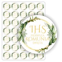 ETYKIETY naklejki okrągłe PIERWSZA KOMUNIA ŚWIĘTA ihs 4 cm 35 szt.