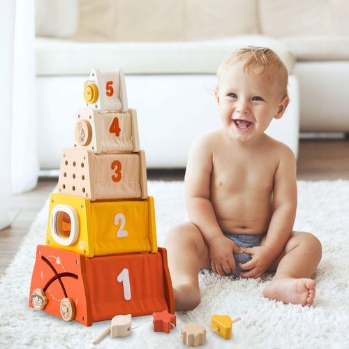 Drewniana piramidka edukacyjna Montessori sorter kształtów, labirynt, cyfry na Arena.pl