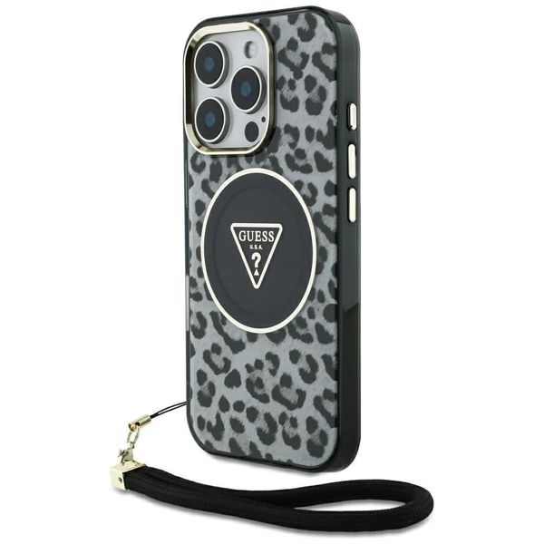 Etui Guess HC IML Leopard Triangle Cord Strap do iPhone 16 Pro MagSafe czar zdjęcie 1