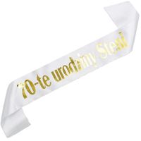 70-te urodziny + imię - biała szarfa ze złotym nadrukiem