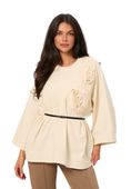 BLU ROYAL Beżowa dłuższa bluza z różą i paskiem