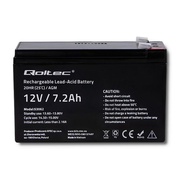 Qoltec Akumulator AGM | 12V | 7.2 Ah | max 108A zdjęcie 2