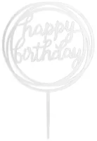 Topper na tort Happy Birthday okrągły lustrzany srebrny 1szt