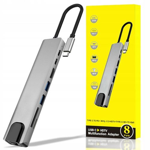 HUB USB C 3.0 8W1 ADAPTER PRZEJŚCIÓWKA PORT HDMI 4K KARTA SD LAN WTYK RJ45 na Arena.pl