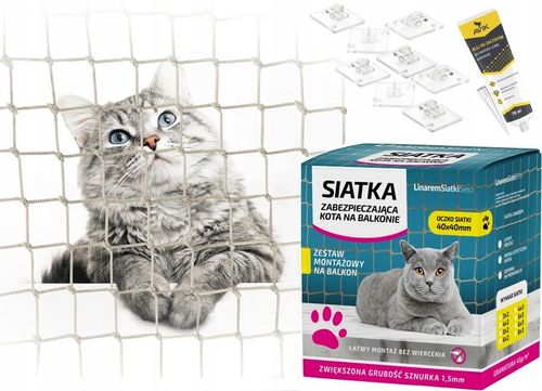ZESTAW 8x3 GRUBA SIATKA DLA KOTA 1,5mm NA BALKON OKO 40mm BEZ WIERCENIA na Arena.pl