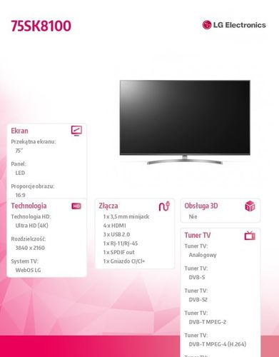 LG Electronics Telewizor 4K 75 75SK8100 na Arena.pl
