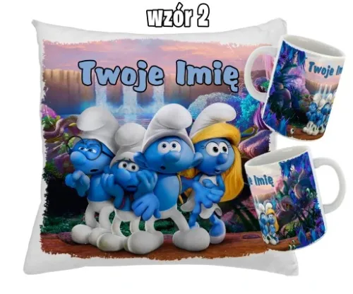 Zestaw SMERFY KUBEK + PODUSZKA RÓŻNE WZORY + IMIĘ UNIKALNY WYJĄTKOWY na Arena.pl