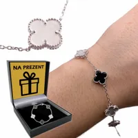 BRANSOLETKA Srebrna Damska SREBRO pr.925 Koniczyna Onyks Perłowa Koniczynka