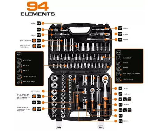 NEO TOOLS Klucze Nasadowe 94 Elementy 1/4, 1/2 CrV Zestaw Narzędzi Walizka na Arena.pl