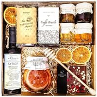 KOSZ PREZENTOWY PREZENT UPOMINEK MIÓD SYROP CZEKOLADA HERBATA CYTRYNA KAWA