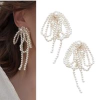 SREBRNE kolczyki z perłami długie sznurki nitki pereł kokardy modne VINTAGE