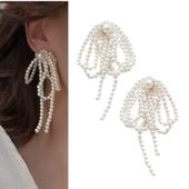 SREBRNE kolczyki z perłami długie sznurki nitki pereł kokardy modne VINTAGE