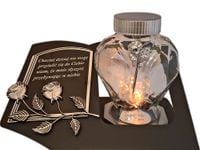 SOLAR SOLARNY ZNICZ LAMPION NA GRÓB SERCE SZKŁO SREBRO SKOS SENTENCJA