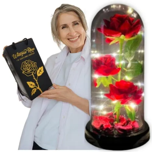 WIECZNA RÓŻA W SZKLE PREZENT NA DZIEŃ BABCI PUDEŁKO ŚWIECĄCA LED +KABEL USB na Arena.pl